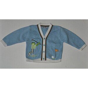 Hartstrings Blue Knit Sweater Cardigan Baby 12 Months Golfing Frog Halloween